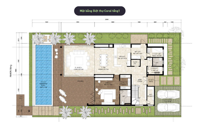 Mặt bằng biệt thự đảo Ecopark Grand - Mẫu Coral - Tầng 1