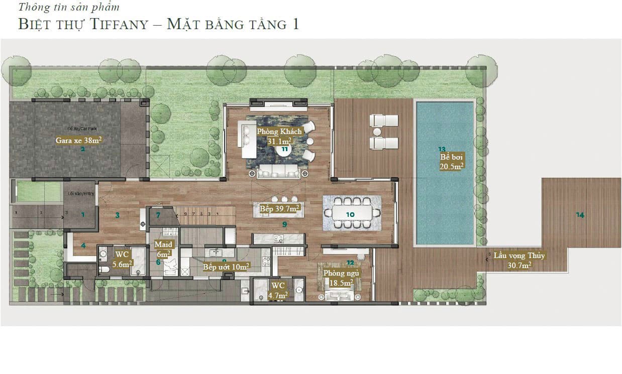 Mặt bằng biệt thự đảo Ecopark Grand - Mẫu Ice - Tầng 1