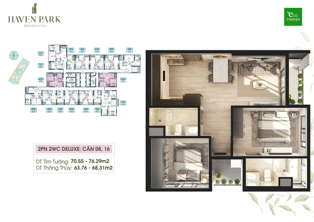 Mặt bằng tầng căn hộ 2 phòng ngủ 68m2 tại Haven Park