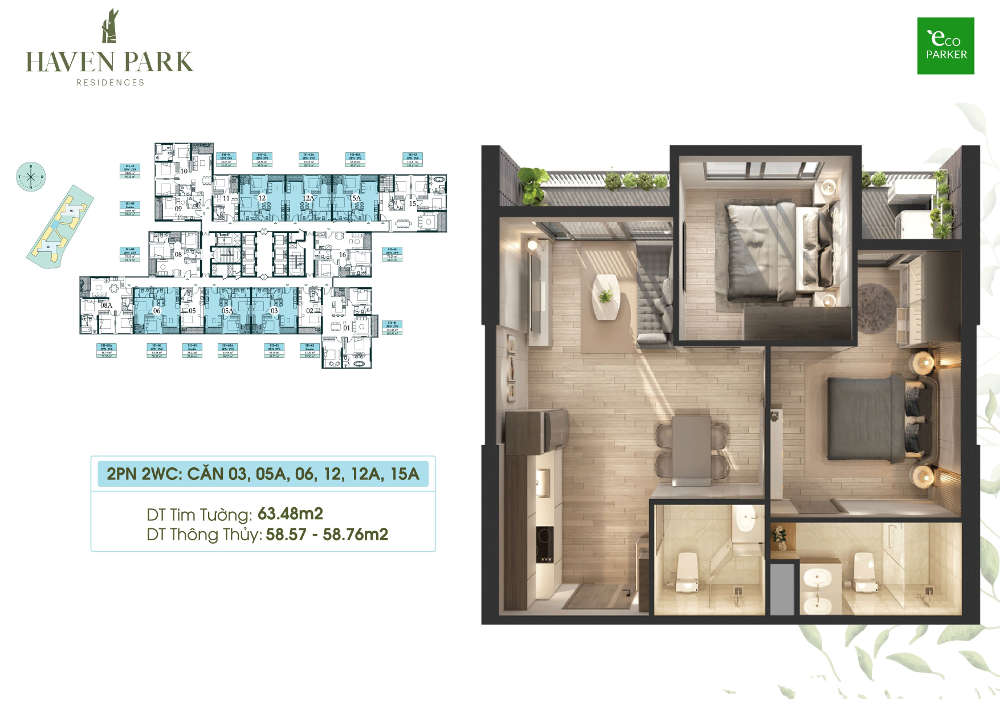 Mặt bằng tầng căn hộ 2 phòng ngủ 58m2 tại Haven Park