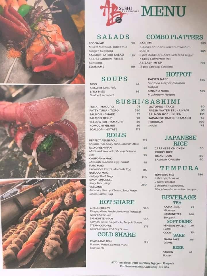 Thực đơn menu nhà hàng AB Sushi Ecopark