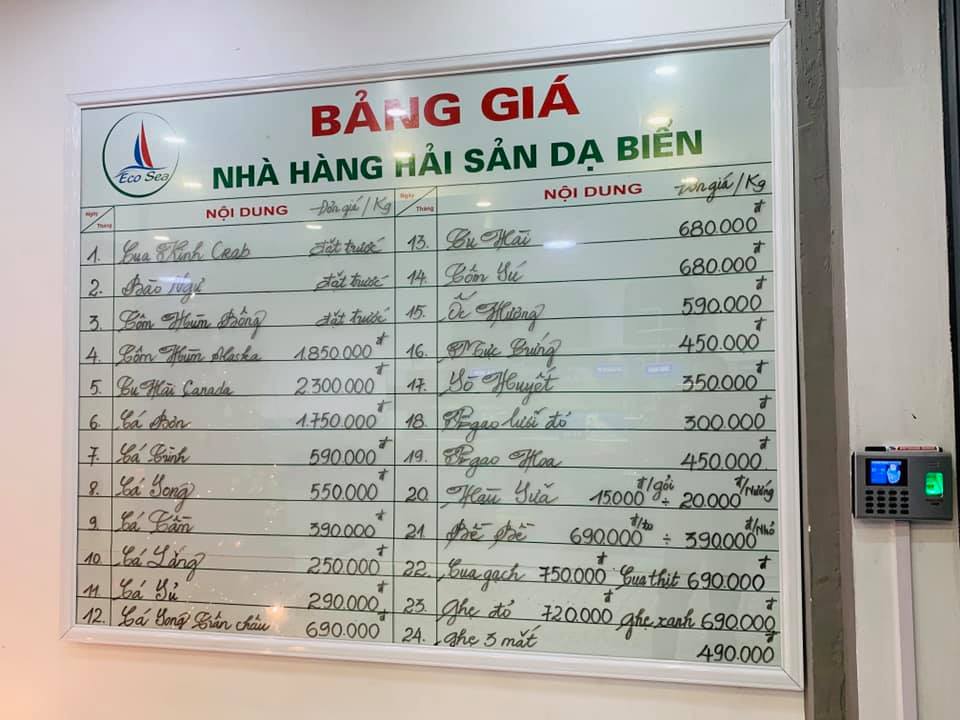 Nhà hàng Dạ Biển Ecosea thực đơn