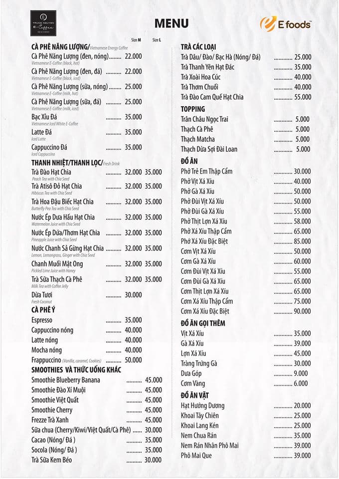 Trung Nguyên Ecoffee Efood - Thực đơn menu