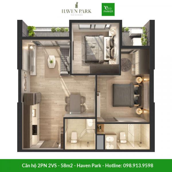 Căn hộ 2 phòng ngủ 2 vệ sinh 58m2 tại chung cư Haven Park 