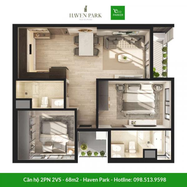Căn hộ 2 phòng ngủ 2 vệ sinh 68m2 tại chung cư Haven Park