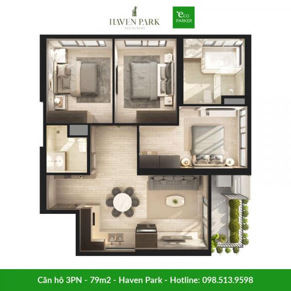Căn hộ 3 phòng ngủ 79m2 tại chung cư Haven Park